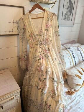 Women's Cream Floral Ruffle Maxi Dress